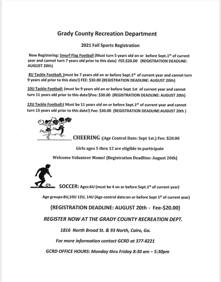 Grady County Recreation Department Fall Sports Registration