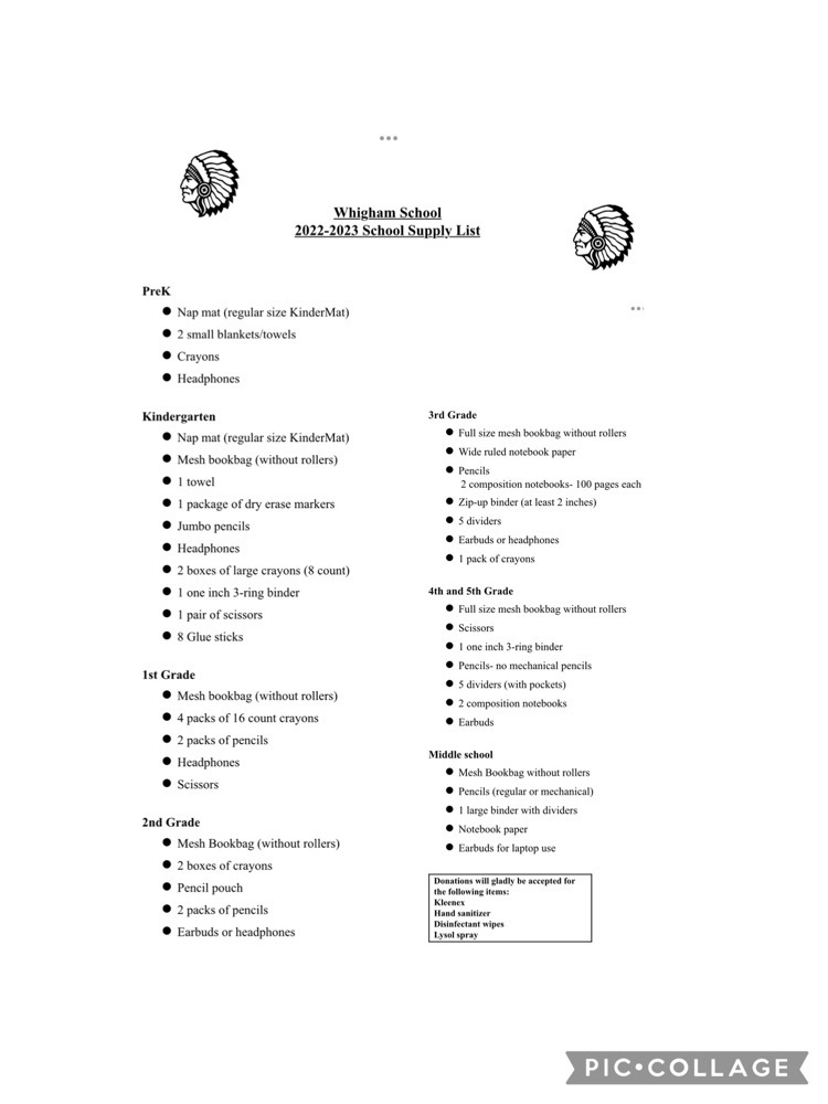 Whigham School Supply List