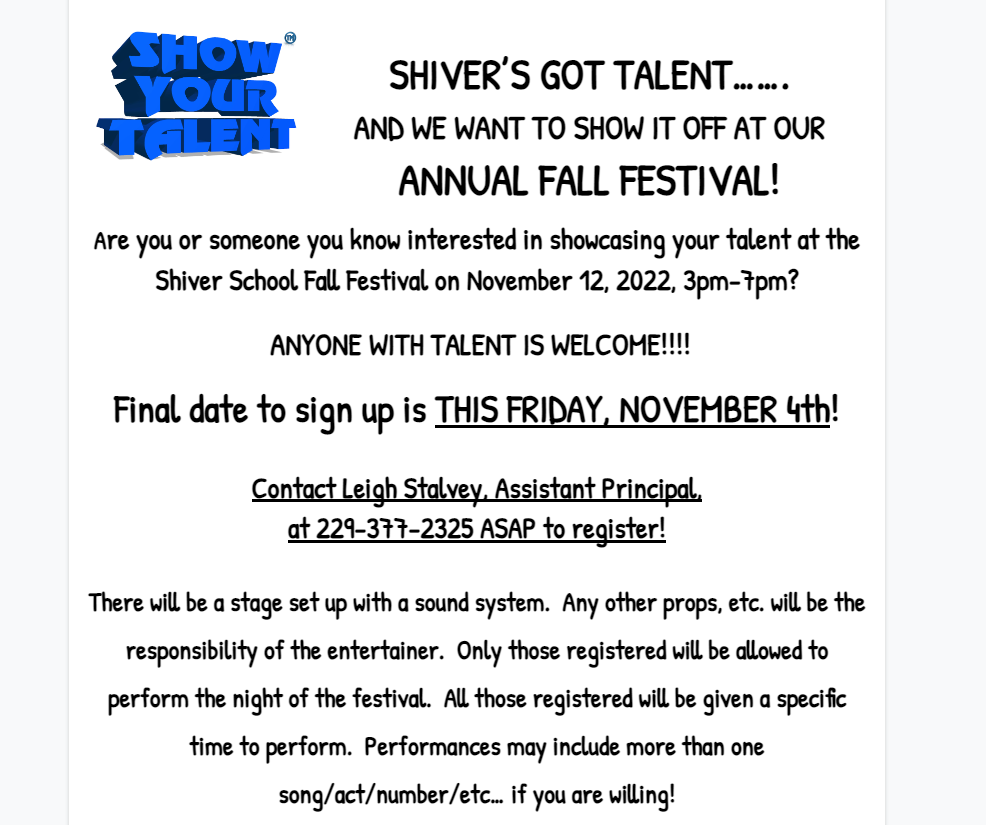 Shiver's Got Talent information sheet